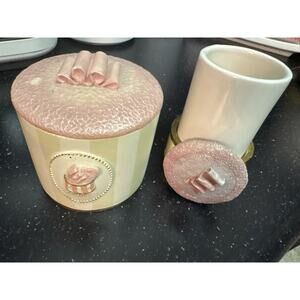 Shabby chic bathroom set cottage core pink cotton pad toothbrush holder girly